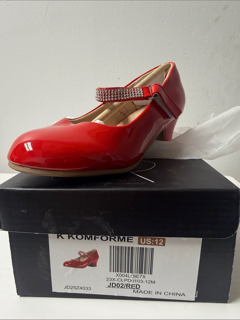 Red Patent Mary Jane Heel with Rhinestone Strap